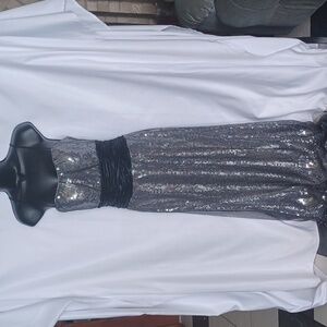Flirt Formal, silver sequin, black waist, 17" pit to pit, 13" Waist, 64" long